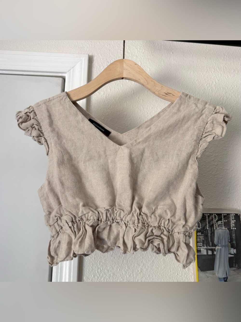 ALE CARDENAS beige tan linen v-neck ruffle‎ boxy cropped shirt top